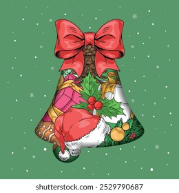 Christmas bell colorful detailed sticker with New Year elements and Santa hat or gift box inside vector illustration