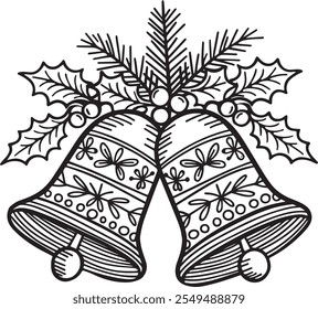 Christmas Bell Coloring Page Outline, tree branch vector art