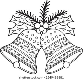 Christmas Bell Coloring Page Outline, tree branch vector art