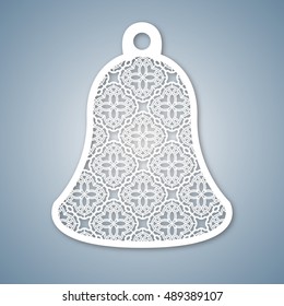 Christmas bell with geometric pattern. Laser Cutting template for greeting cards, envelopes, invitations, interior elements. Vector xmas paper cutting ornamental panel. Die cut card.