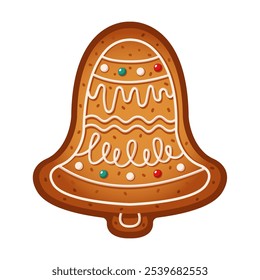 Weihnachtsglocke Lebkuchen Keks flache Farbe Vektor Objekt. Hausgemachte Kekse. Festliches Gebäck mit Vereisungsmuster, Illustration auf weißem Hintergrund