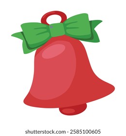 Christmas bell with green bow icon in cartoon style on a white background