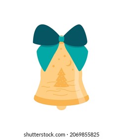 Christmas bell. Hanging decoration. Yellow ornament with green sea bow. Isolated vector stock illustration EPS 10 on white background