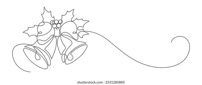 Christmas bell and holly. Christmas decoration. Continuous line drawing.