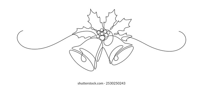 Christmas bell and holly. Christmas frame border. Continuous line drawing.  