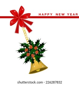 A Christmas Bell and Christmas Holly Hanging Hanging on A Red Bow with Christmas Ornaments on Greeting Card, Sign for Christmas Celebration. 