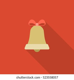 Christmas Bell icon, flat design with long shadow on red background