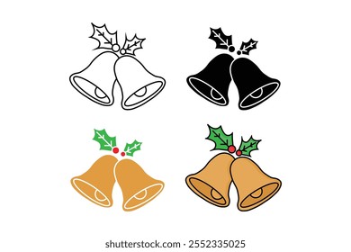 Christmas bell icon with green leaf decoration in line, silhouette and cartoon style.