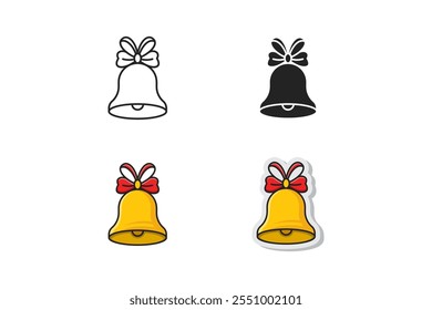 christmas bell icon with outline, black, flat and sticker styles