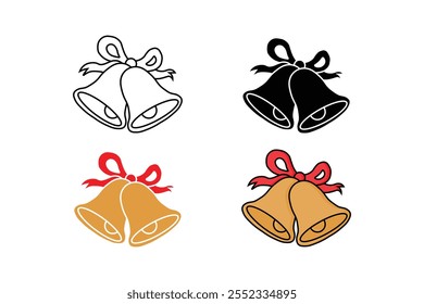 Christmas bell icon with ribbon decoration in line, silhouette and cartoon style.