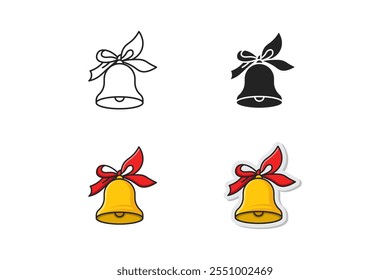 christmas bell icon with ribbon outline, silhouette, cartoon and sticker style