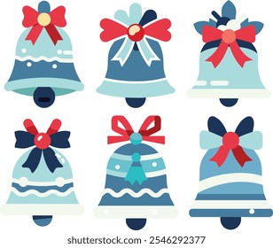 Christmas bell icon vector set featuring festive designs with bows, holly leaves, snowflakes, and decorative ribbons. Perfect for holiday cards, invitations, and seasonal decorations