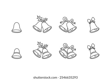 Christmas bell icon.Black outlane.Christmas bell decoration with ribbon. Holiday celebration decoration. Vector.