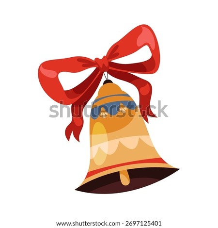 Christmas bell isolated. Vector icon of winter holiday element or seasonal festive symbol. Jingle bell with bow or ribbon. Retro or vintage merry Xmas sign. Advent and Santa ornament. Greeting card.