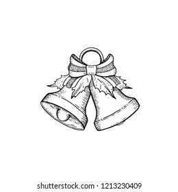 Christmas bell, jingle bells couple with bow, holly leaves. Hand drawn sketch style, vector illustration isolated on white background