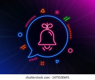 Christmas bell line icon. Neon laser lights. New year tree decoration sign. Glow laser speech bubble. Neon lights chat bubble. Banner badge with bell icon. Vector