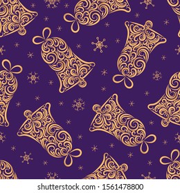 Christmas bell made of ornament elements and snowflakes vector seamless pattern. Stylized Christmas bell seamless texture. New Year. Textiles, wrapping paper, wallpaper design. Purple and gold color. 