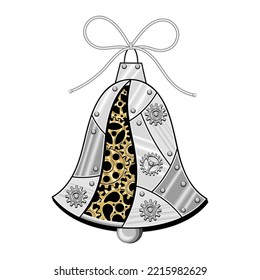 Christmas bell made of shiny silver metal plates, gears, cogwheels, rivets in steampunk style. Vector illustration.