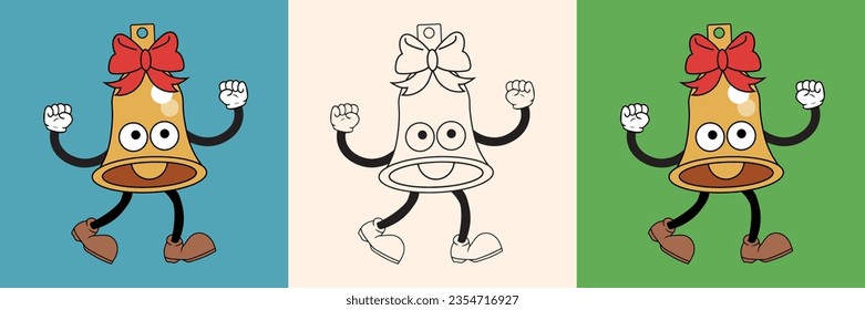 Christmas bell mascot with red bow in rubber hose cartoon retro style.