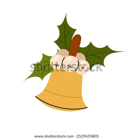 Christmas bell. Mistletoe berries. Festive decorative element. Musical instrument. Ringing. Flat illustration on white background.