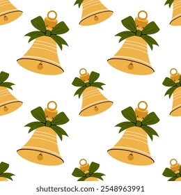 Christmas bell. Musical instrument, jingle bells. Festive Christmas or New Year seamless pattern. For textile, wrapping paper, background.