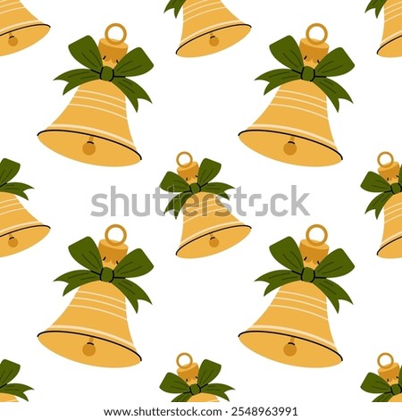 Christmas bell. Musical instrument, jingle bells. Festive Christmas or New Year seamless pattern. For textile, wrapping paper, background.