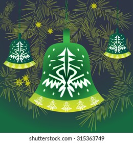 Christmas bell on a background of trees. Vector illustration