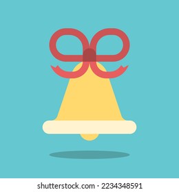 Christmas bell on turquoise blue with bow and ribbon. New Year, decoration, celebration, holiday and reminder concept. Flat design. EPS 8 vector illustration, no transparency, no gradients