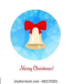 Christmas bell over blue background with snowflakes. Winter holiday icon. Vector illustration. Can used as Merry Christmas and New Year greeting card. Flat style.