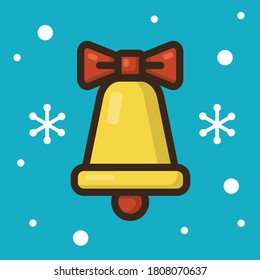 Christmas bell with red bow. Flat vector illustration. Cute icon for sticker, card, print, web or other design. Colorful Christmas or New Year image.