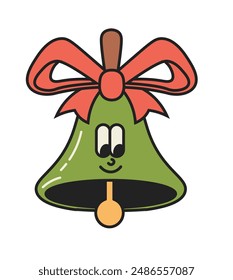 Christmas bell with a red bow in a playful, cartoon style. Vector illustration isolated on white background. Ideal for holiday decorations.