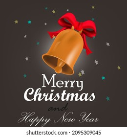 Christmas Bell with Red Bow and poster design Merry Christmas, Happy new year. abstract background in brown color
