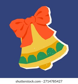 Christmas bell with red bow in simple paper cutout style on navy background. Festive winter illustration for holiday cards, posters, gift wrapping and cozy seasonal decor.