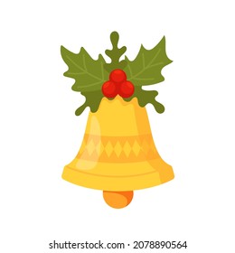 Christmas Bell with Red Holly Berries and Green Leaves, Xmas Holidays Decor, Design Element for Greeting Card Isolated on White Background. Gold Jingle Bell. Cartoon Vector Illustration, Icon, Clipart