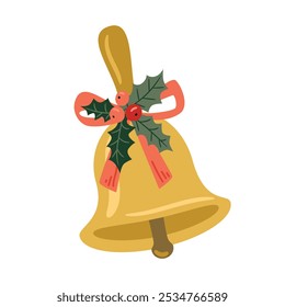 Christmas bell with red ribbon and holly berry, vector illustration