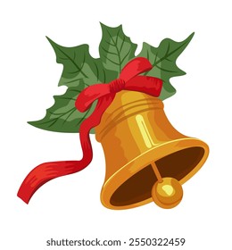 Christmas bell with red ribbon and oculus on white background Symbol of Christmas, winter holiday. Vector illustration for banners, cards, flyers, wallpapers in social networks