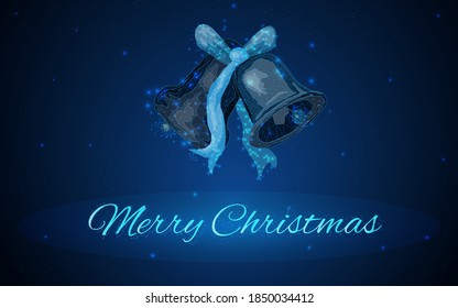 Christmas bell with ribbon and bow. Xmas decoration. Jingle bells.Christmas symbol. Vector illustration.wireframe, triangle, plexus, low poly,dot,dark-blue background