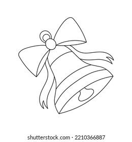 Christmas bell with ribbon . Line art coloring book style doodle Christmas illustration.