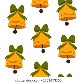 Christmas bell seamless pattern. Musical instrument, jingle bells. Festive Christmas or New Year background. For textile, wrapping paper, fabric, notebook, greeting card. Flat vector illustration