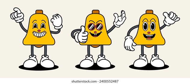 Christmas bell set mascot of 70s groovy. Collection of cartoon,retro, groovy characters. Vector illustration.