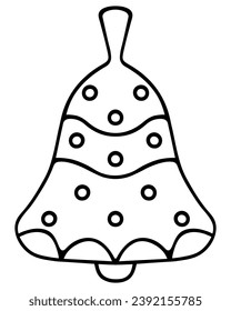 Christmas bell. Sketch. Vector illustration. Doodle style. The musical instrument is decorated with waves and circles. Coloring book for children. Outline on isolated background.