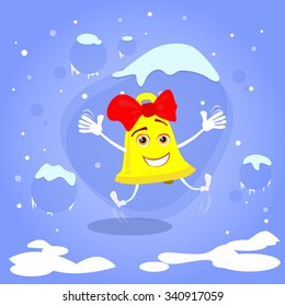 Christmas Bell Smile Happy Excited Jump Up Laughing Cartoon Character Concept Snow Background Illustration