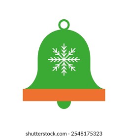 Christmas Bell with Snowflake Design. A vibrant green bell icon adorned with a white snowflake and an orange base. For holiday-themed projects, Christmas decorations, greeting cards, festive designs