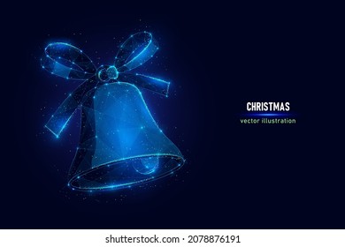 Christmas bell symbol digital wireframe made of connected dots. Happy holidays ring sign low poly vector illustration on blue background.