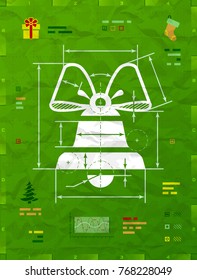 Christmas bell symbol as technical blueprint drawing. Drafting of jingle bell sign on crumpled paper
