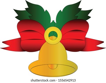 Christmas Bell in vector Gold bell, Red ribbon and Green leaves