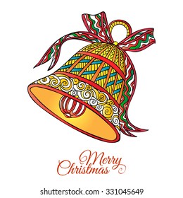 Christmas bell. Vector hand drawn decorative colored illustration with pattern and "Merry Christmas" text. It may be used for design of a t-shirt, bag, postcard, a poster. In zentangle style. Colored
