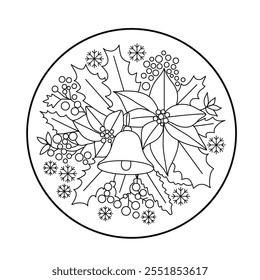 Christmas Bell vector illustration of a Hand embroidery pattern for a round hoop, embroidery sticker paper, christmas craft gift, Digital Pattern with poinsettias and holly berries Winter Ornaments