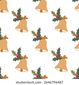Natal sino vetor padrão sem emenda. Ornamento de Ano Novo com sinos puxados à mão, grinaldas para embrulhar, papel scrapbook, design têxtil