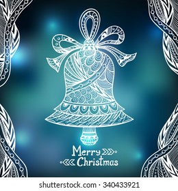 Christmas Bell in Zen doodle  style  on blur background in blue city Lights creative Post Card or for decoration  of window, door in shop or for  decoration  Christmas or New Year things